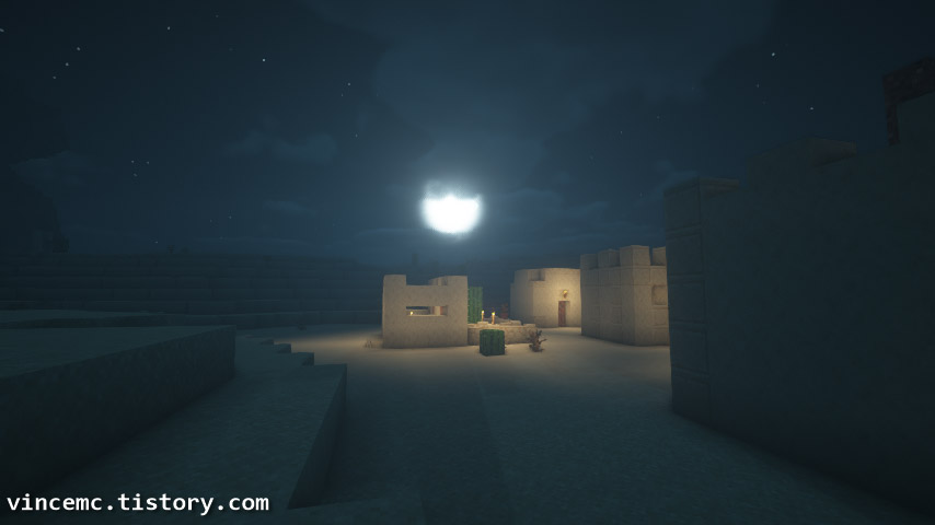 마인크래프트 쉐이더팩이 적용된 상태의 밤 사진