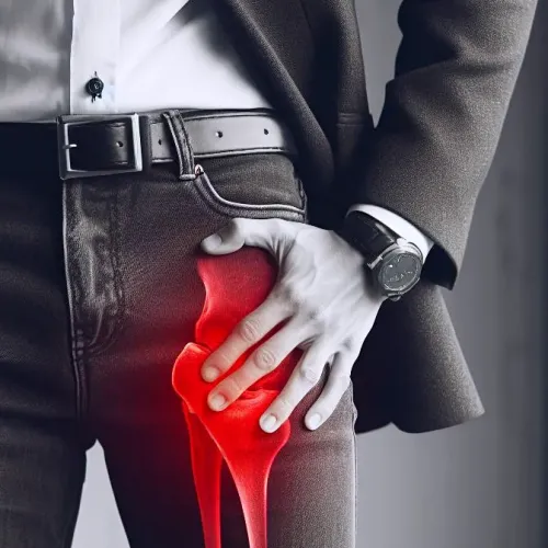 남자가 골반에 한 손을 올리고 있고 골반 통증을 강조하는 붉은 골반뼈가 레이어드 되어 있는 사진