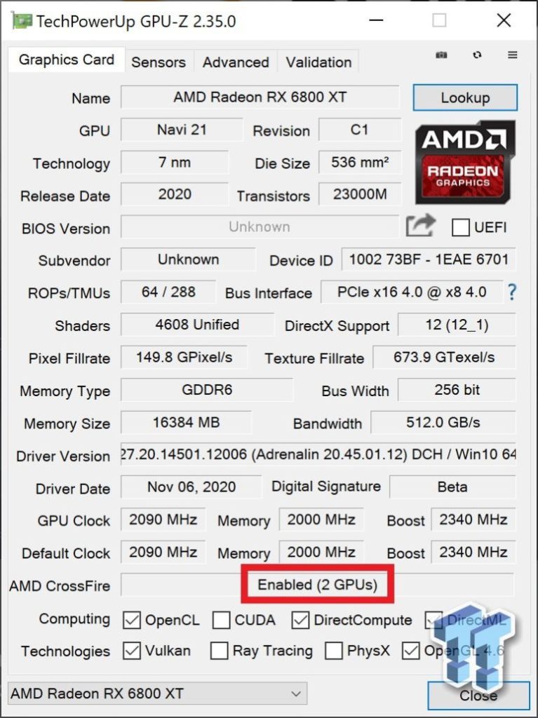  멀티 GPU 구성으로 테스트 된 AMD 라데온 RX6800XT