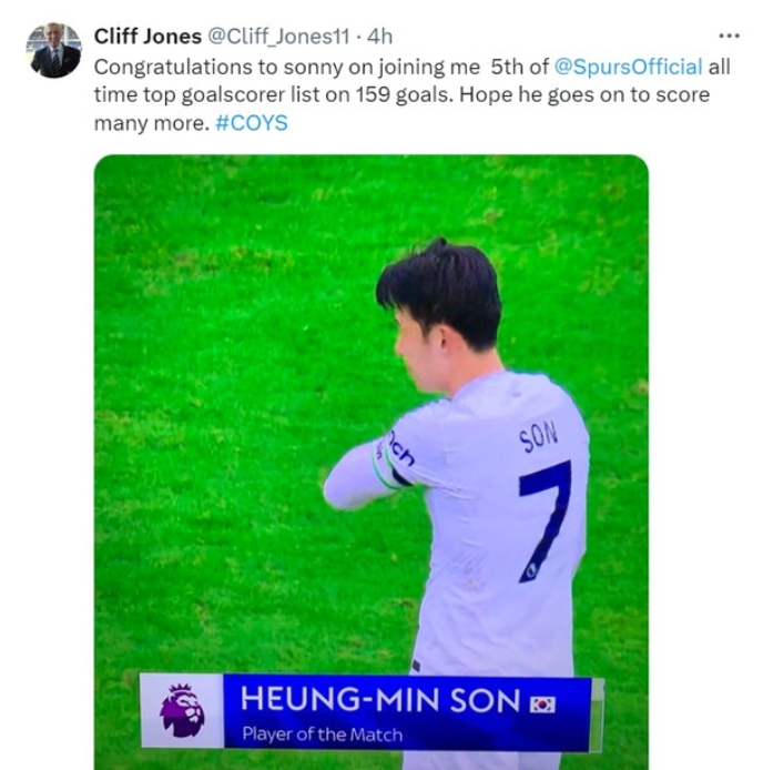 5위 득점왕이던 Cliff Jones 선수도 이를 기뻐하며 축하의 찬사를 보냈습니다.