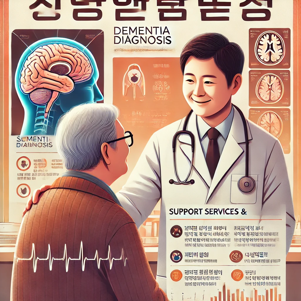 &quot;구미시 치매 진단 및 지원 서비스 안내 포스터. 병원 진료실에서 노인이 의사와 상담하는 모습. 배경에는 의료 차트와 뇌 스캔 이미지가 보이며, 따뜻하고 친근한 분위기를 연출. 포스터에는 치매 진단 검사 및 치료비 지원 정보가 한국어로 강조되어 있음.&quot;