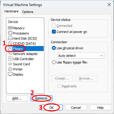 Virtual Machine Settings
Hardware
1. Floppy 선택
2. Remove 버튼 클릭
3. OK 버튼 클릭