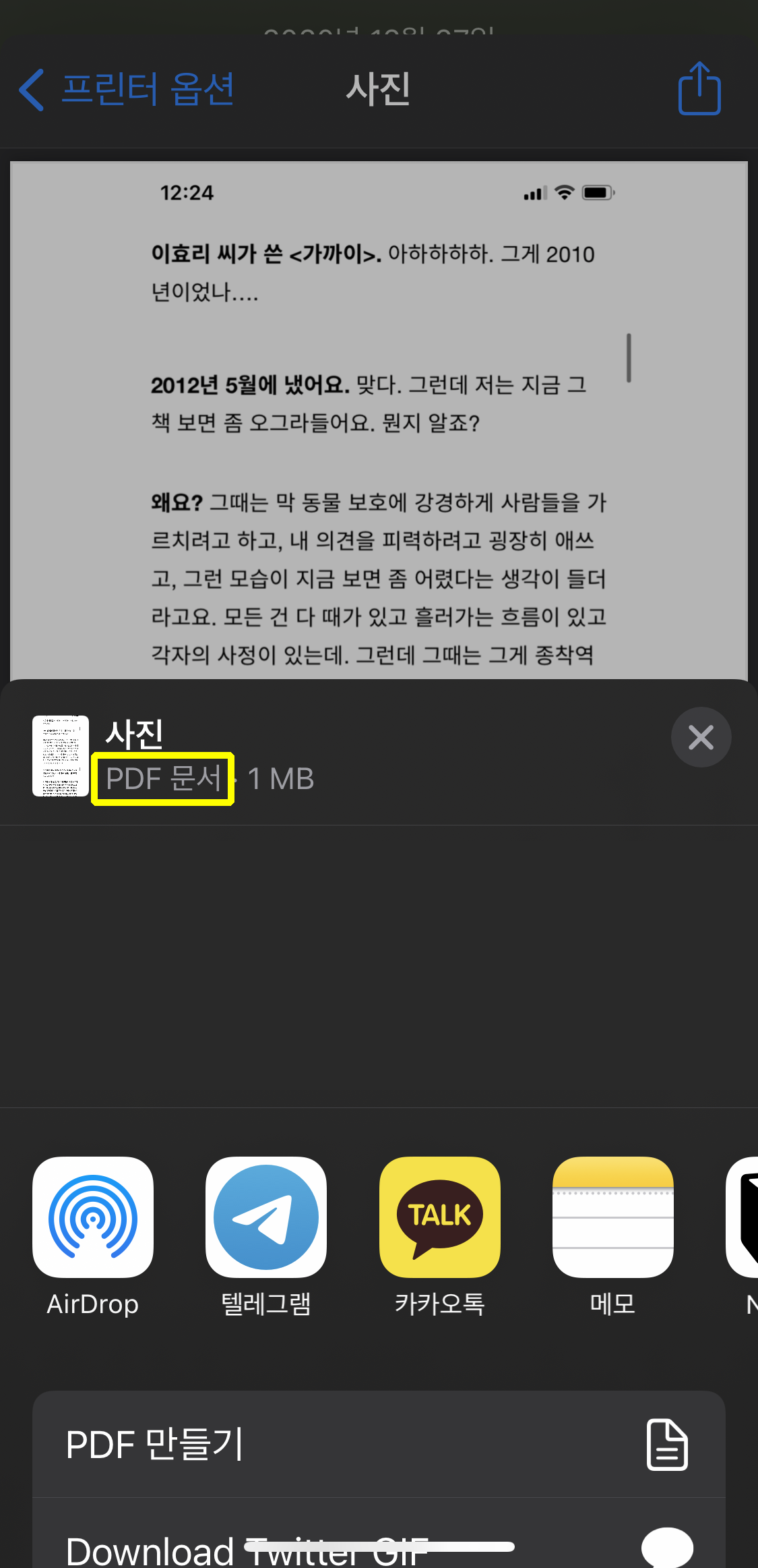 아이폰 사진 프린터 옵션 PDF 공유