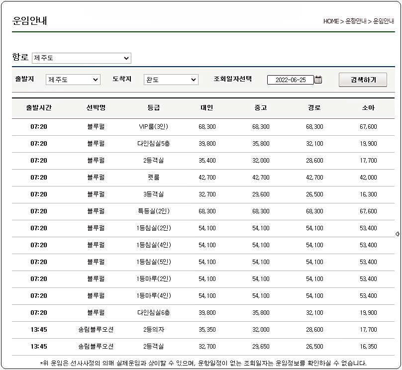 완도 여객선터미널 제주도 운임 요금