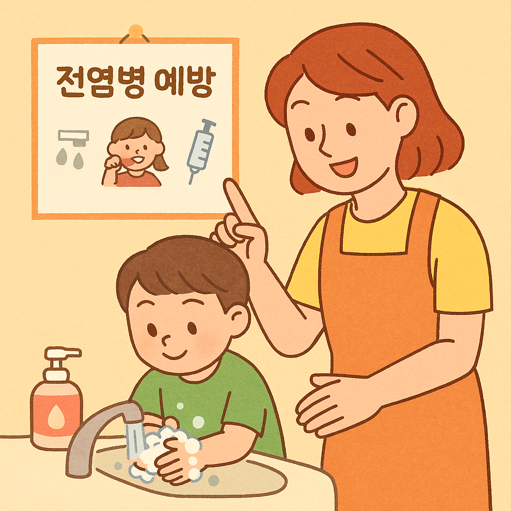 어린이집에서 손 씻기 교육을 받으며 전염병 예방을 실천하는 장면을 담은 일러스트