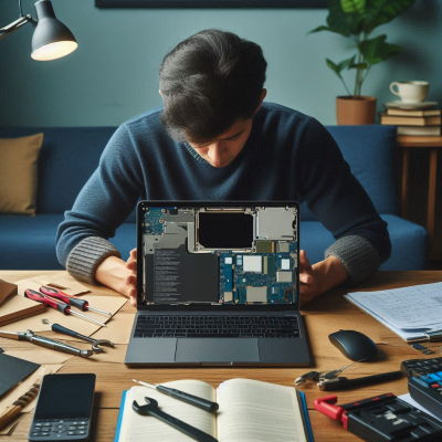노트북 내부 부품을 점검하고 있는 남성