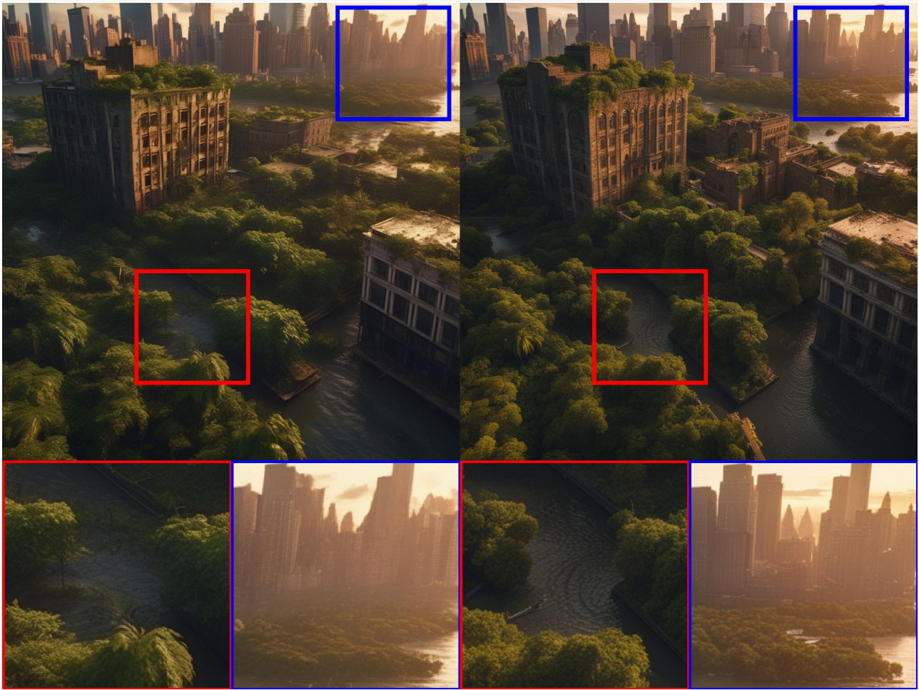 그림 6. 논의된 정제 모델을 사용하지 않는 경우(왼쪽)와 사용한 경우(오른쪽)의 1024x1024 이미지. 프롬프트:&quot;Epic long distance cityscape photo of New York City flooded by the ocean and overgrown buildings and jungle ruins in rainforest&#44; at sunset&#44; cinematic shot&#44; highly detailed&#44; 8k&#44; golden light&quot;.추가 이미지는 그림 13을 참조하세요.