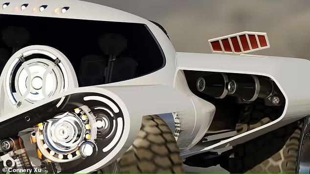 울퉁불퉁한 지형 적응 위해 차체와 바퀴가 자동 비틀어지는 오프로드카 Is this the future of off-roading? Bizarre electric concept car &#39;The Huntress&#39; has wheels