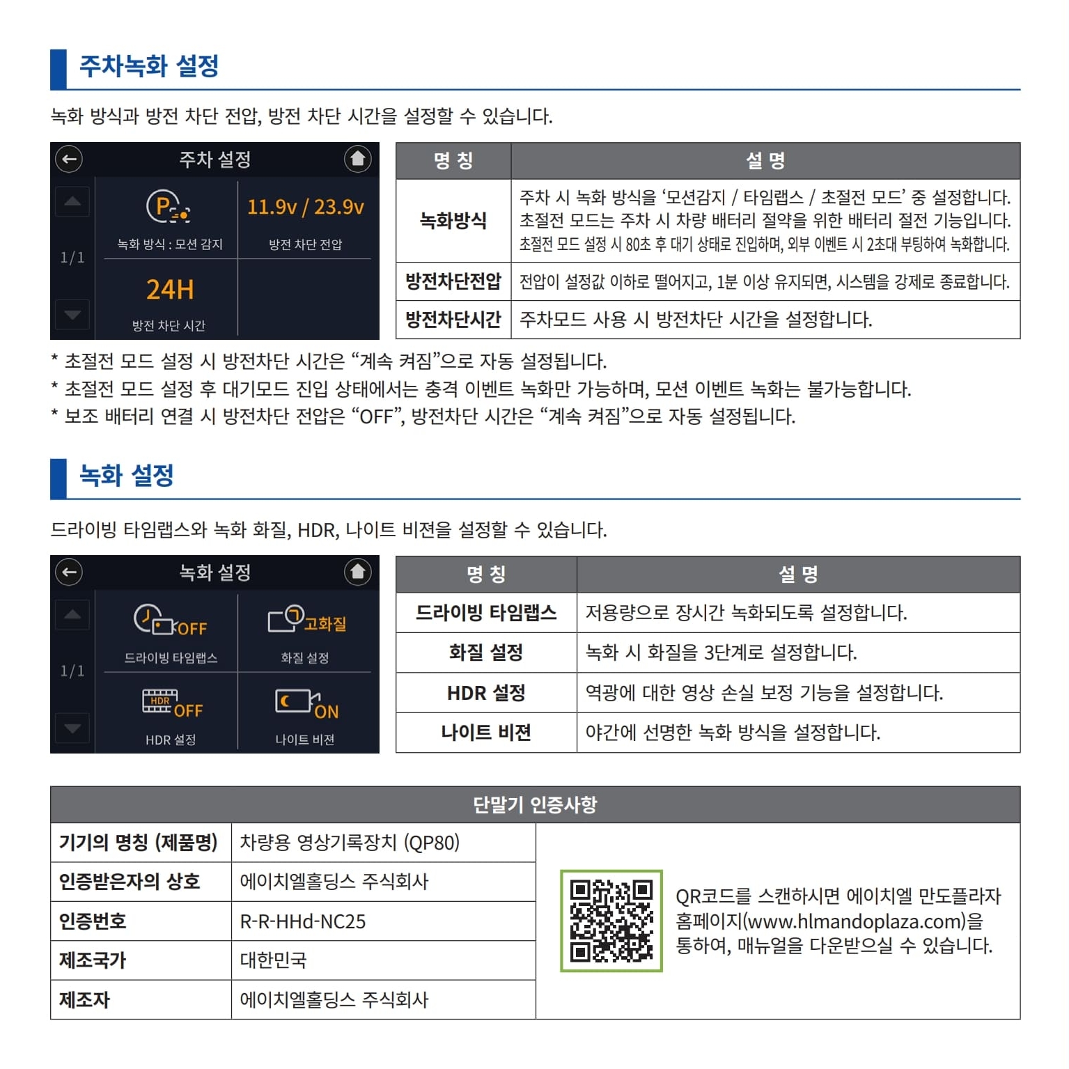 HL만도 QP80 블랙박스 사용설명서 매뉴얼 확인하기