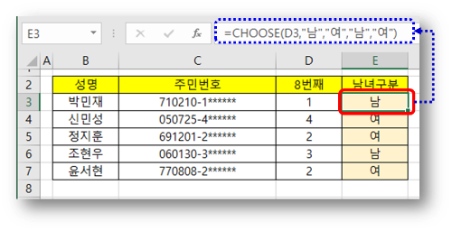 Choose 함수로 성별 구분