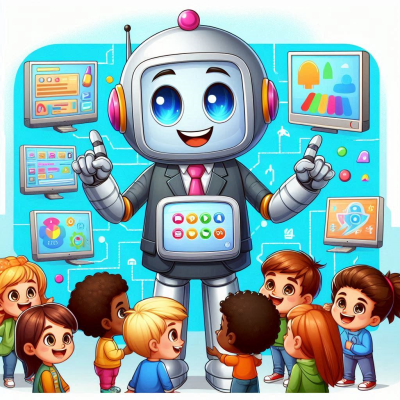 정장을 입은 로봇이 어린이들에게 컴퓨터 관련 내용을 발표하는 장면의 일러스트