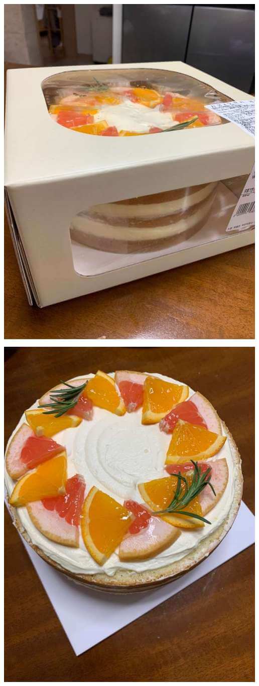 코스트코 자몽&오렌지 케이크 상자에 담겨있는 사진과 케이크 모양