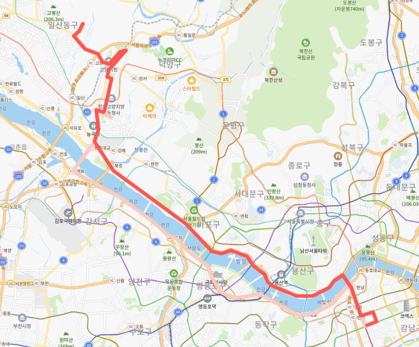  [직행좌석]9600번버스 노선도, 요금, 시간표 정보 :: 고양시 일산 위시티, 원릉역, 화정역, 신사역, 역삼역, 강남역