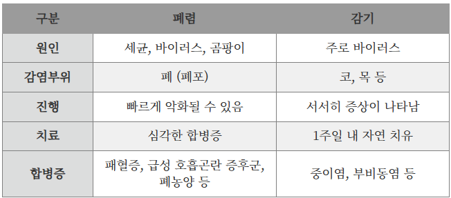 폐렴과-감기의-비교표