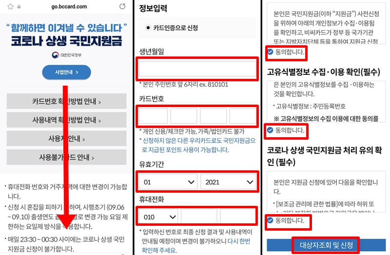 정보-입력-항목을-전부-기입하고-개인정보-수집에-전부-동의한-다음-가장-아래의-대상자-조회-및-신청을-누른다