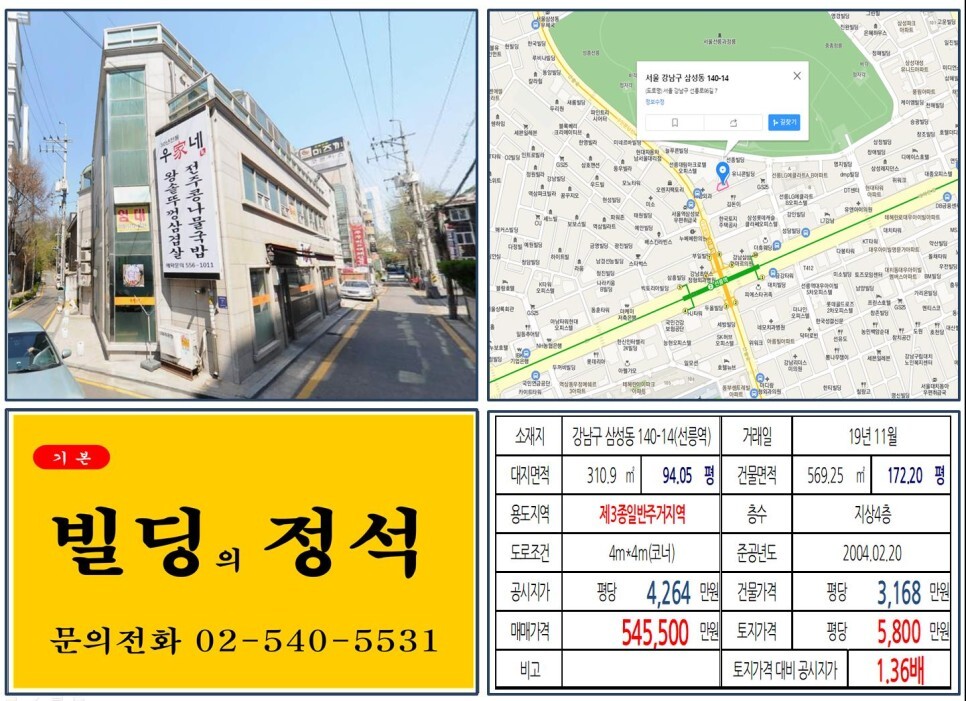  [강남구 선정릉역 50억 꼬마빌딩 실거래가 조회] 삼성동 140-14 (선릉역) 54억 5,500만 원, 평당 5,800만 원 매매되었습니다.