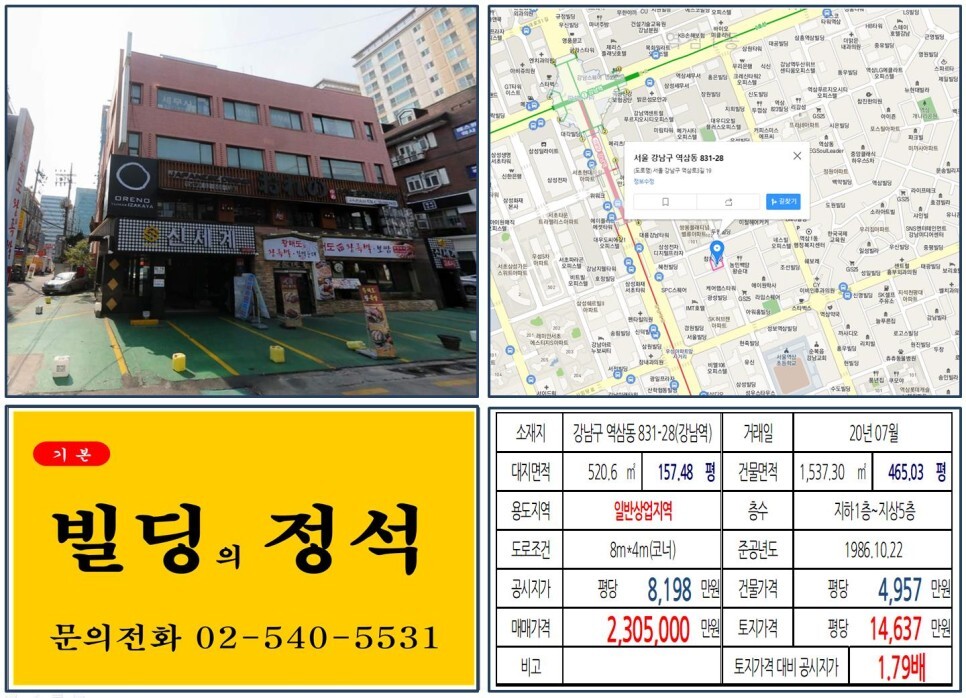  [강남구 강남대로 200억 빌딩 실거래가 조회] 역삼동 831-28 (강남역) 230억 5,000만 원, 평당 1억 4,637만 원 매매되었습니