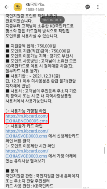 KB국민카드 재난지원금 문자