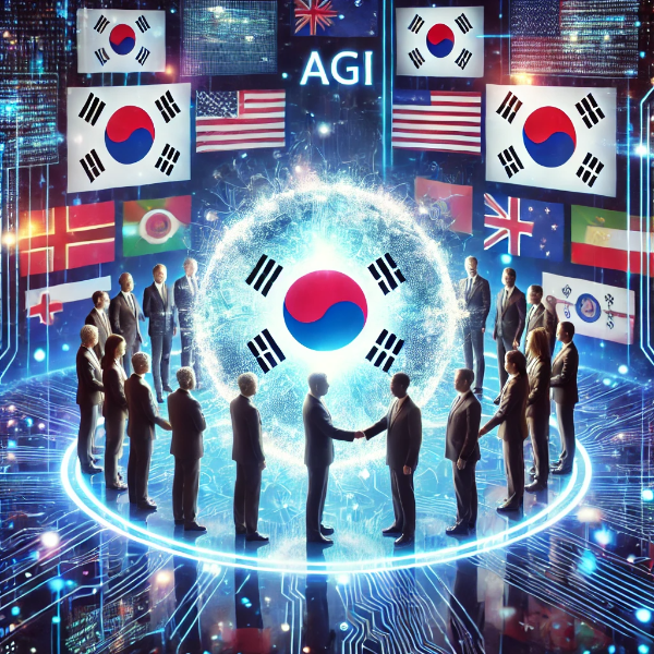 각국 대표들이 AI 핵심 기술을 둘러싸고 악수하는 장면, 배경에 국가 국기와 디지털 데이터 흐름