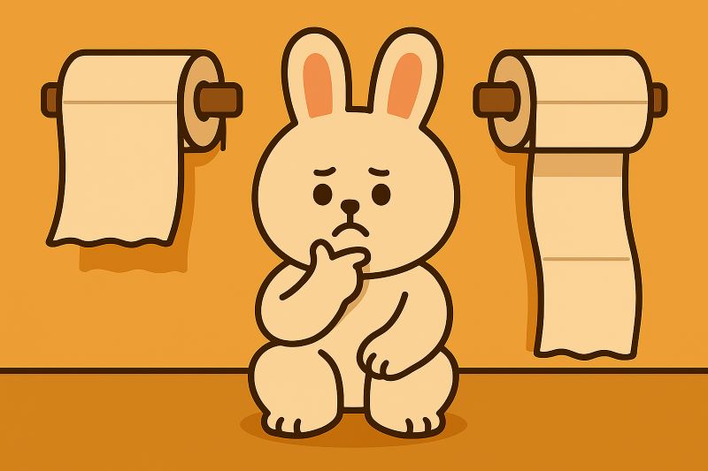 &quot;앞으로 걸린 휴지와 뒤로 걸린 휴지 사이에서 심각한 표정으로 고민하는 귀여운 만화 스타일 토끼 캐릭터.&quot;(AI생성)