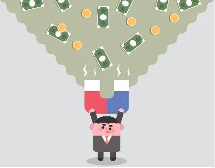 자석으로 돈을 끌어 모으는 일러스트