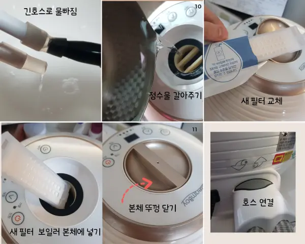 온수매트 호스에 물빼내는 도구를 끼워 피스톤으로 빼내고 새필터 교체하는 모습