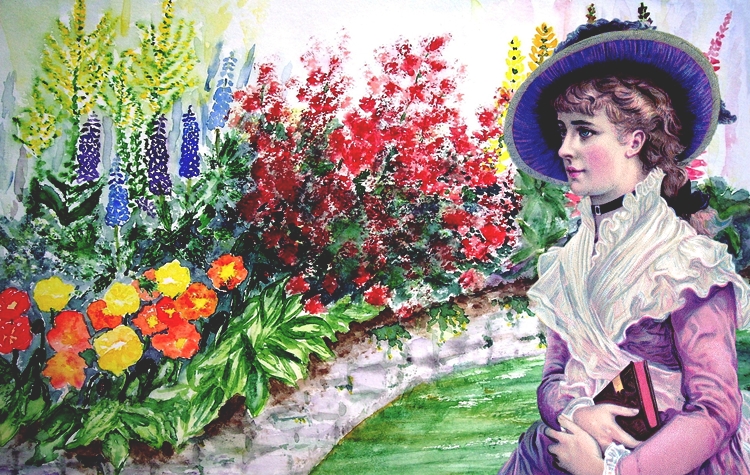빅토리아 시대 양식의 옷을 입은 소녀와 꽃 그림
