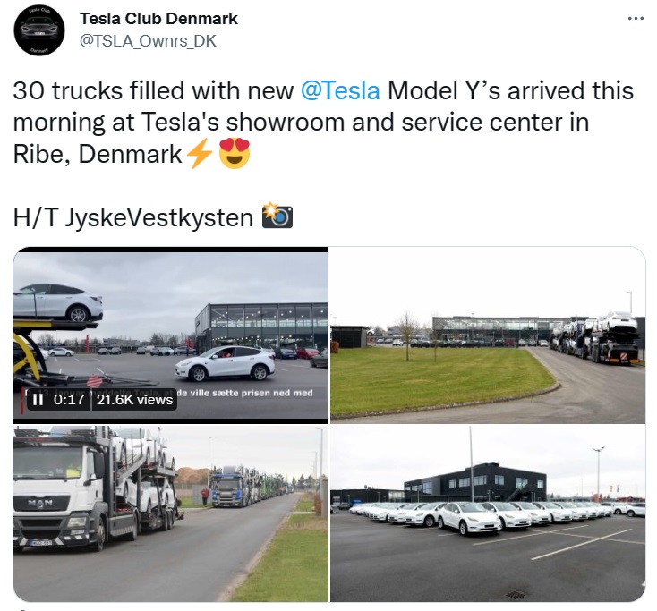 덴마크에서 트럭 30대에 모델Y가 실려 배송되었다.
출처: @TSLA_Owners_DK