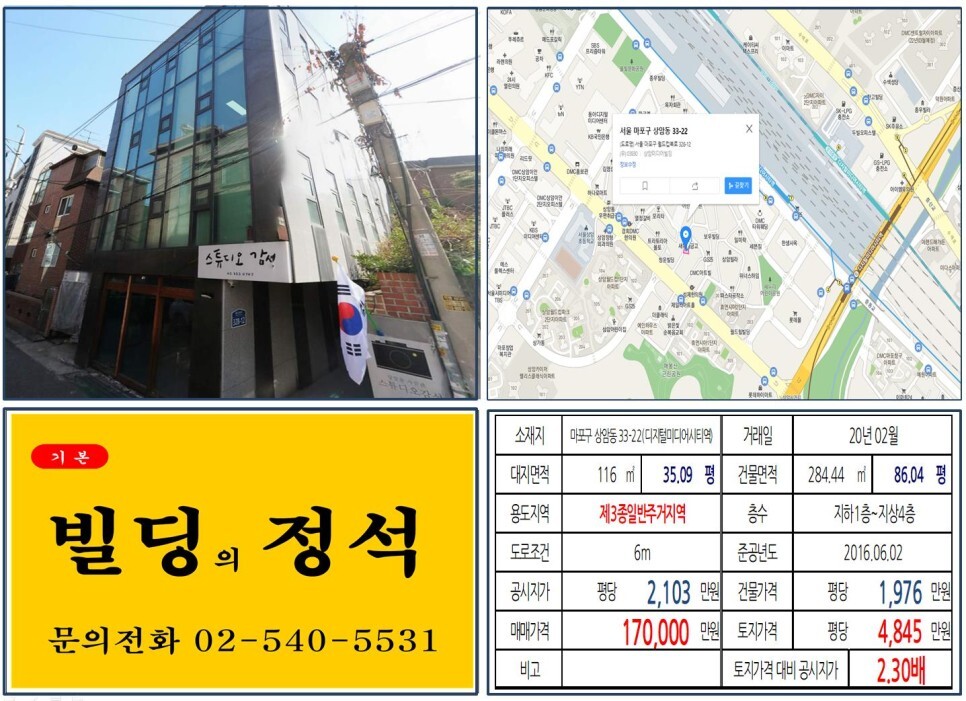  [마포구 상암동 먹자상권  10억 신축 꼬마빌딩 실거래가 조회] 상암동 33-22 (디지털미디어시티역) 17억 원, 평당 4,845만 원 매매되