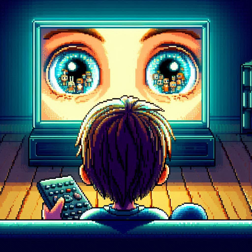 TV 화면에 가득찬 눈을 보고 있는 사람의 모습으로 앞으로 정리한 see, look, watch 등의 단어와 연관이 있는 그림자료입니다.