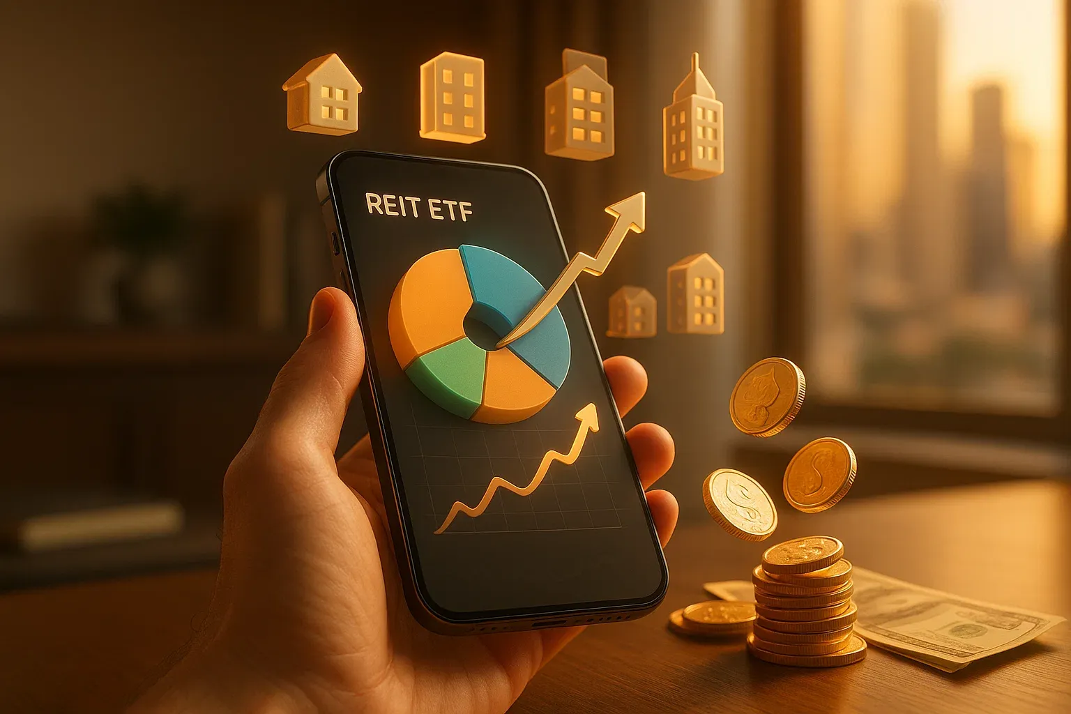 스마트폰으로 리츠 ETF 포트폴리오를 확인하며 배당금이 들어오는 모습을 형상화한 대표 이미지