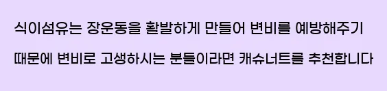  식이섬유는 장운동을 활발하게 만들어 변비를 예방해주기 때문에 변비로 고생하시는 분들이라면 캐슈너트를 추천합니다