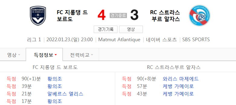  프랑스 리그앙 22라운드 - 보르도 VS 스트라스부르 (21/22 시즌 축구 2022년 1월 23일 경기, 황의조 해트트릭)