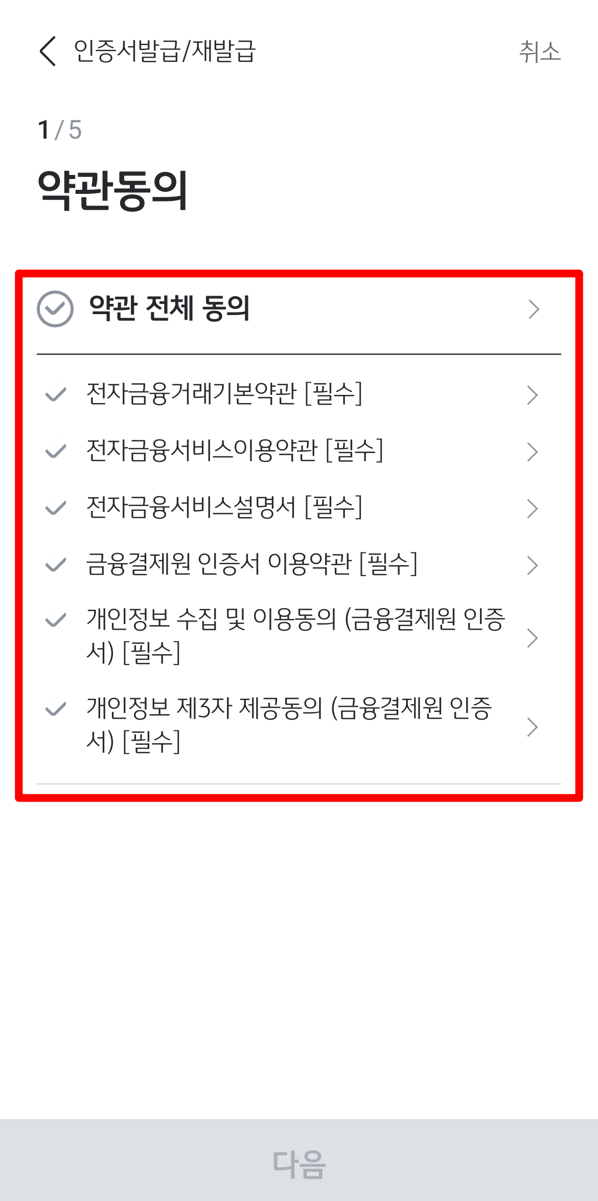 발급을 위한 약관 동의 진행