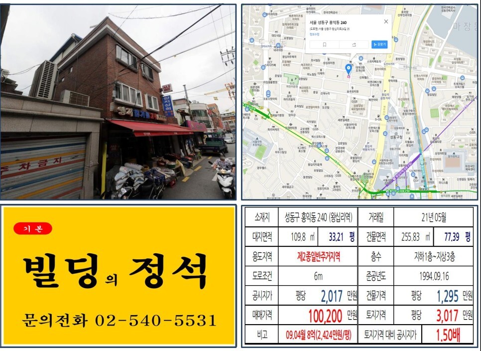 [성동구 도선사거리 10억 꼬마빌딩 실거래가 조회] 홍익동 240 (왕십리역) 10억 200만 원, 평당 3,017만 원 매매되었습니다.