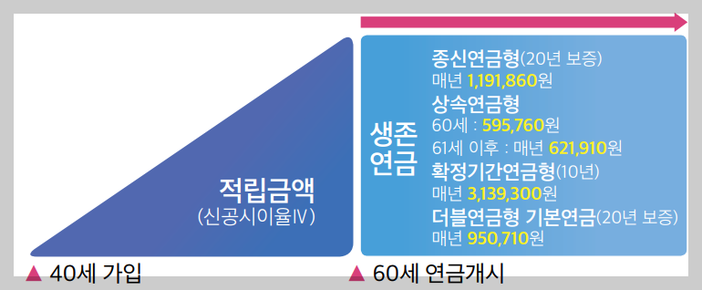 남자&#44; 40세 월납보험료 10만원 연금 지급 예시 (우체국연금보험)