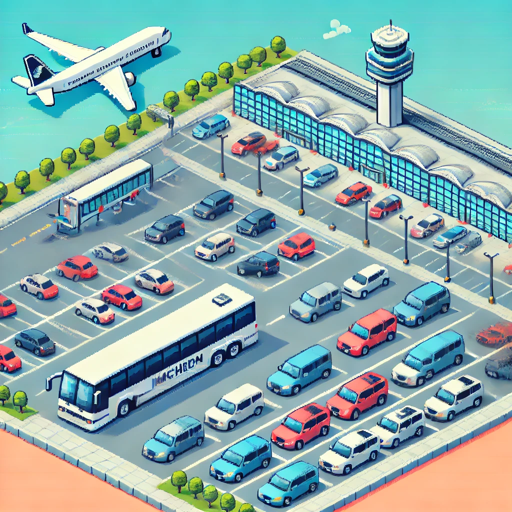 인천공항 장기주차장 – 여러 차량이 주차되어 있고, 셔틀버스가 터미널로 이동하는 모습