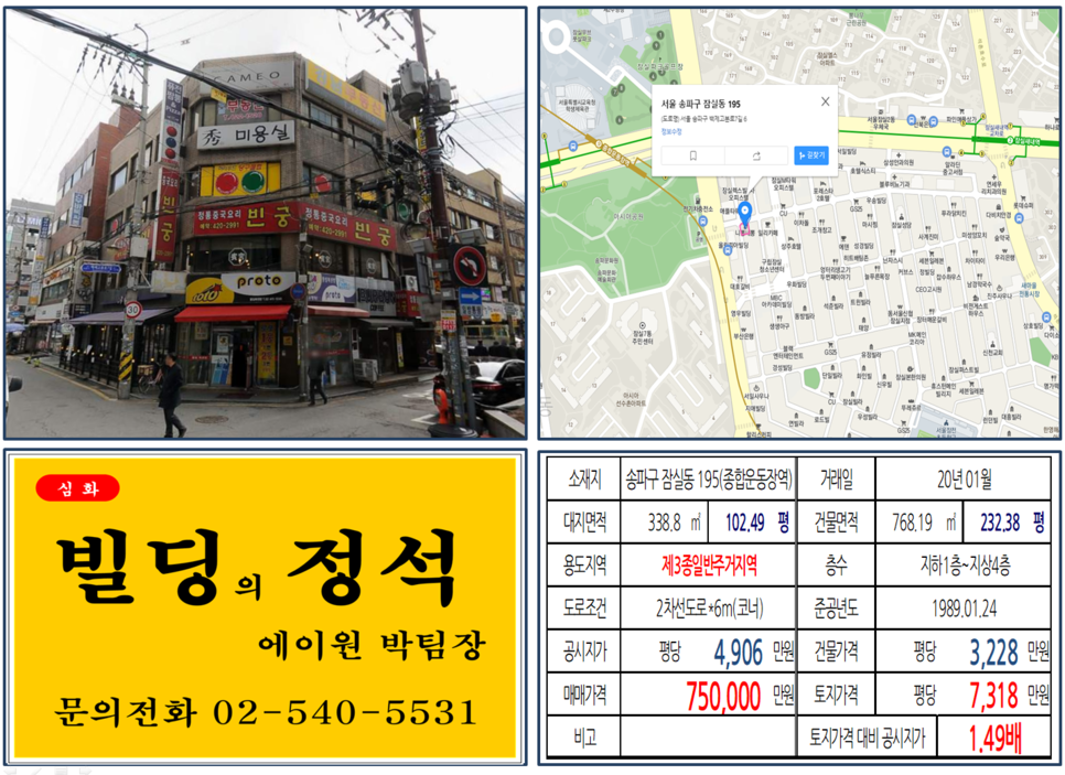  [송파구 먹자상권 코너빌딩 실거래가 조회] 잠실동 195 (종합운동장역) 75억 원, 평당 7,318만 원, 잠실종합운동장 리모델링 호재지역, 현대자동차 GBC 개발호재지역