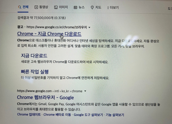 검색에서 크롬다운로드 선택