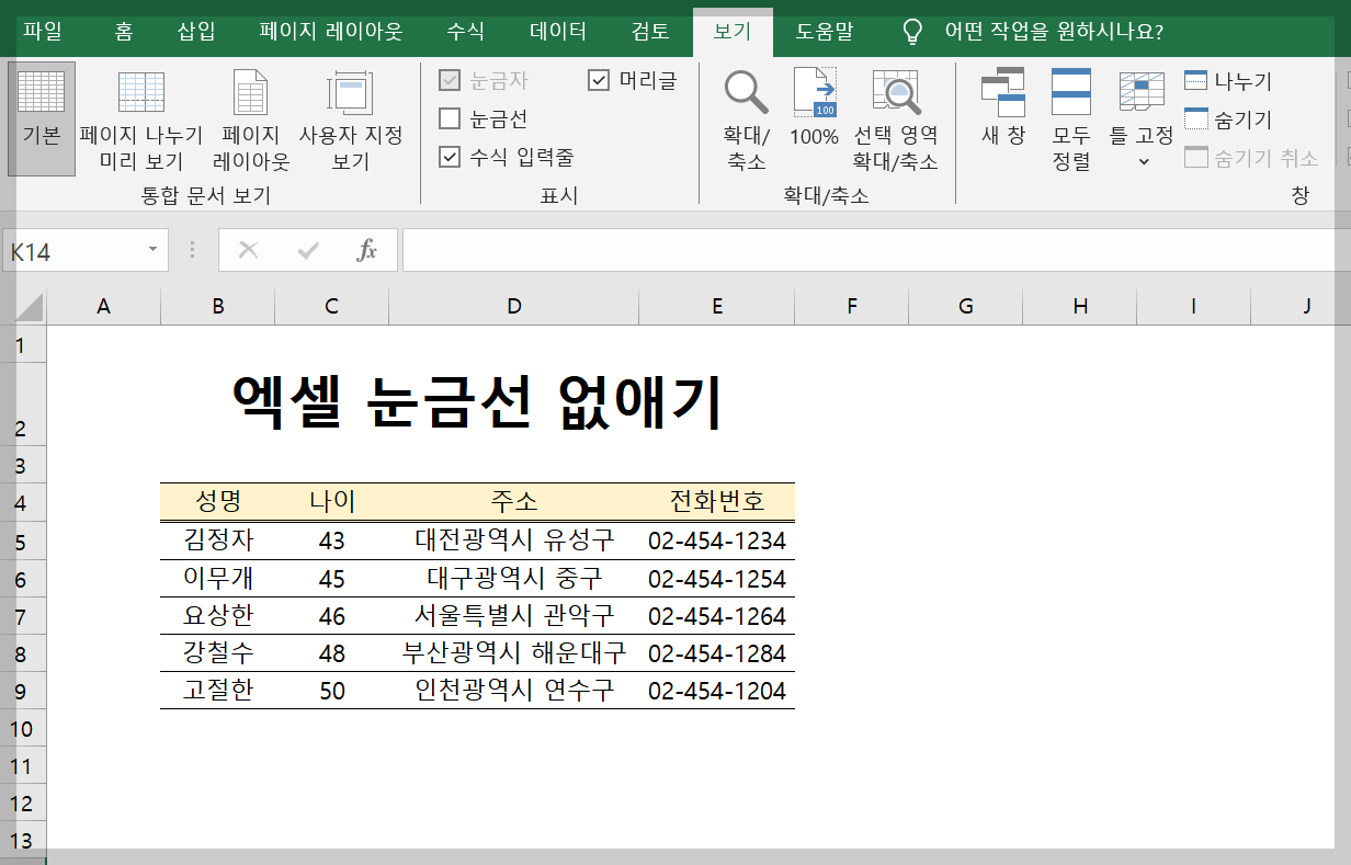 엑셀 눈금선 없애기