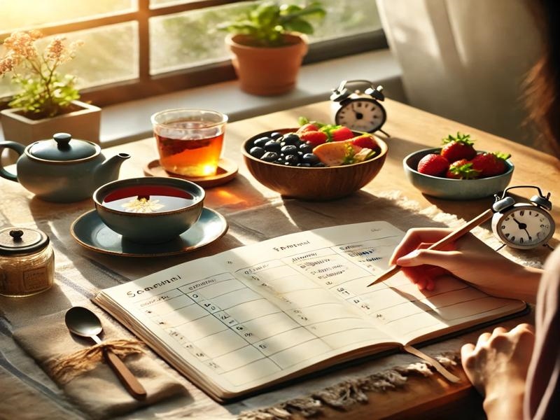 영양 균형이 잡힌 건강한 아침 식사 장면. 신선한 과일, 오트밀, 삶은 계란, 아보카도 토스트, 오렌지 주스가 담긴 테이블이 햇살 아래 놓여 있으며, 하루를 활기차게 시작하는 모습을 표현