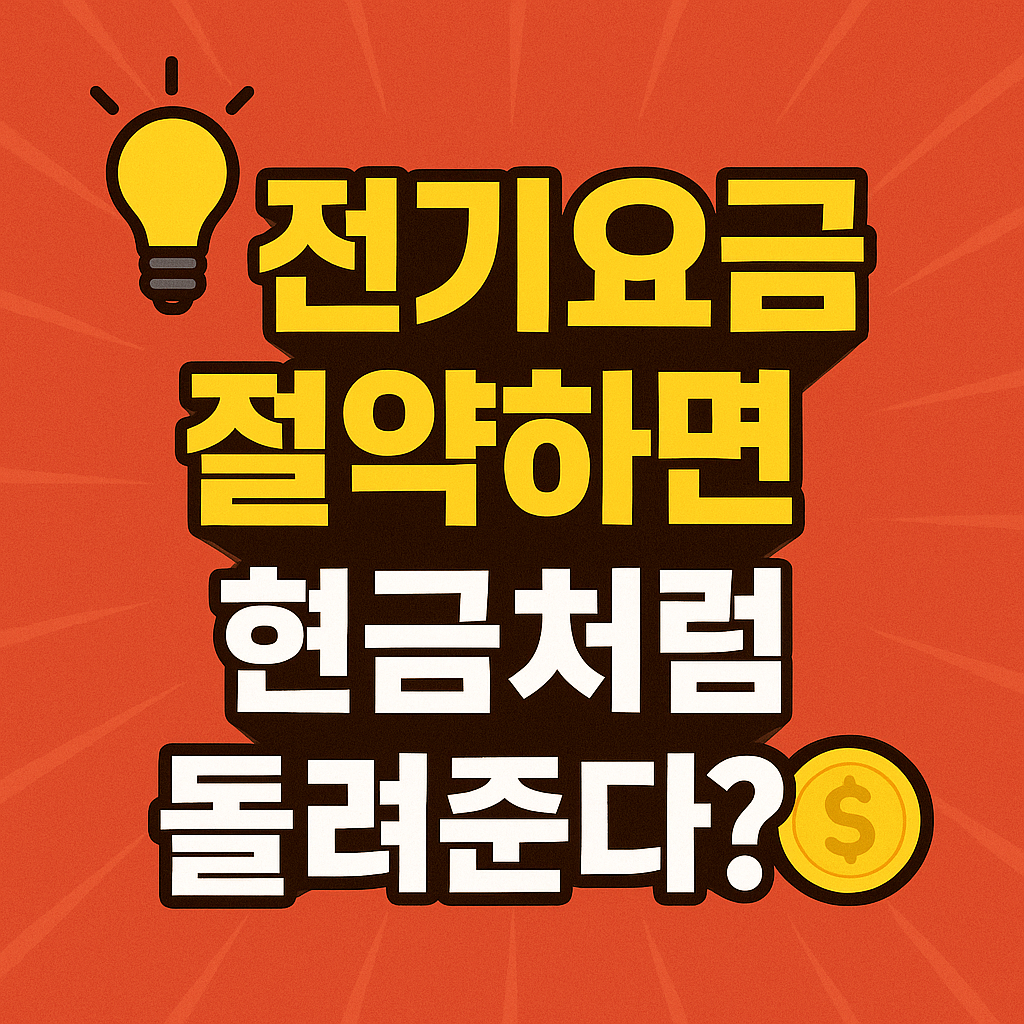 전기요금을 절약하면 현금처럼 돌려주는 한전 에너지 캐시백 제도를 안내하는 썸네일 이미지. 전구와 동전 아이콘이 함께 배치되어 있으며, 붉은 배경에 노란색과 흰색 글씨로 강조되어 있다.