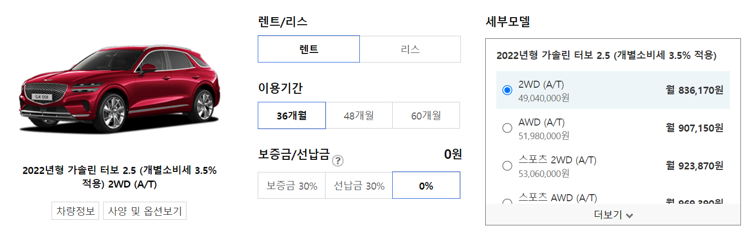 제네시스 GV70 장기렌트 가격