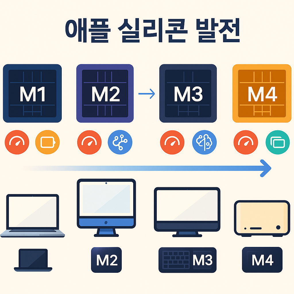 Apple Silicon 발전 타임라인 - M1부터 M4까지 M1부터 M4까지 애플 실리콘 발전 흐름 인포그래픽