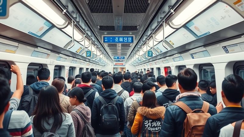 서울 출근 시간대 혼잡한 지하철 내부 모습