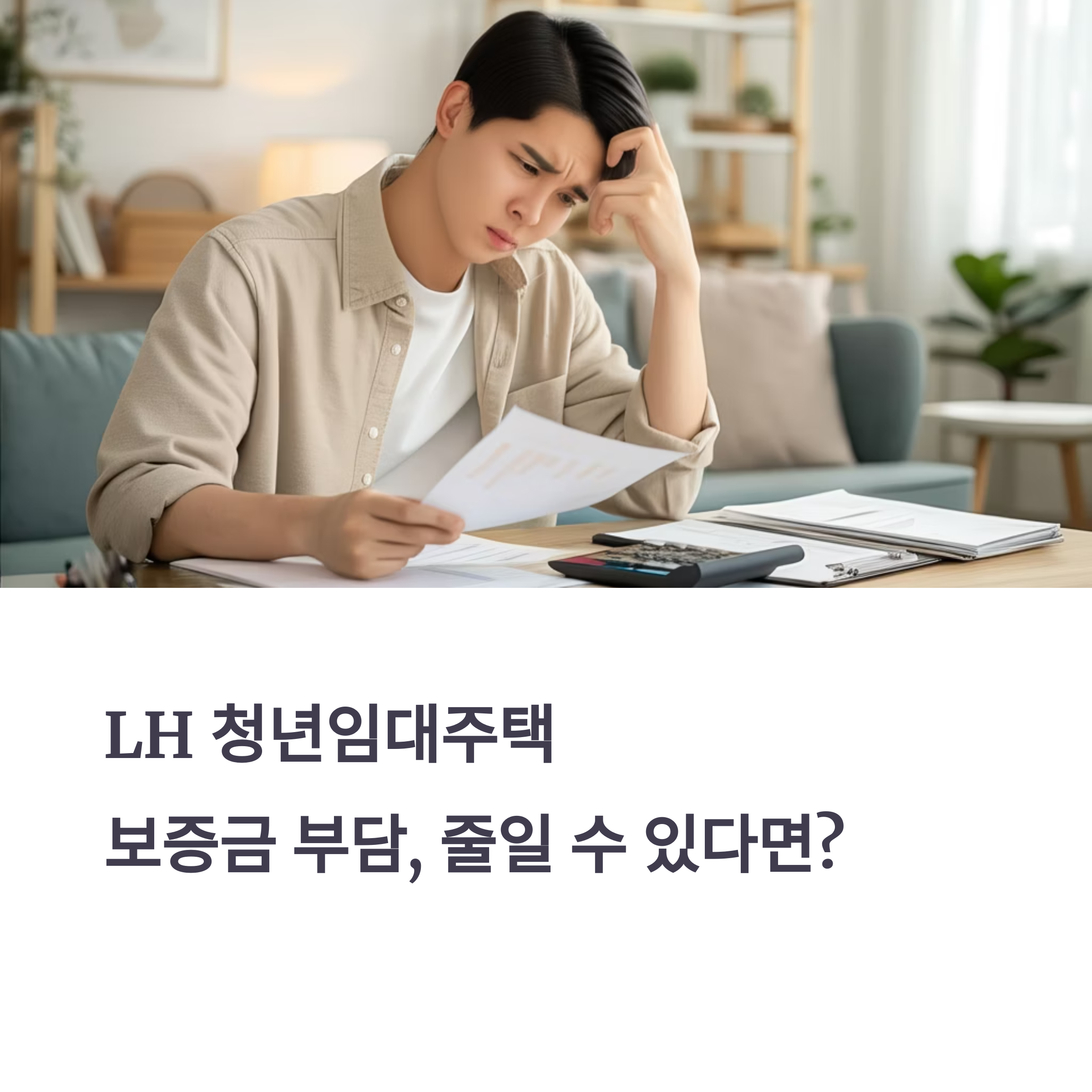 LH청년임대주택 보증금 부담을 줄일 수 있는 방법에 대해 고민하는 청년의 모습