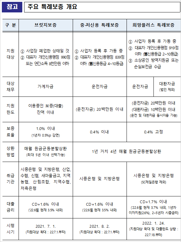 소상공인 희망대출플러스 특례보증 한도상향 2000만원