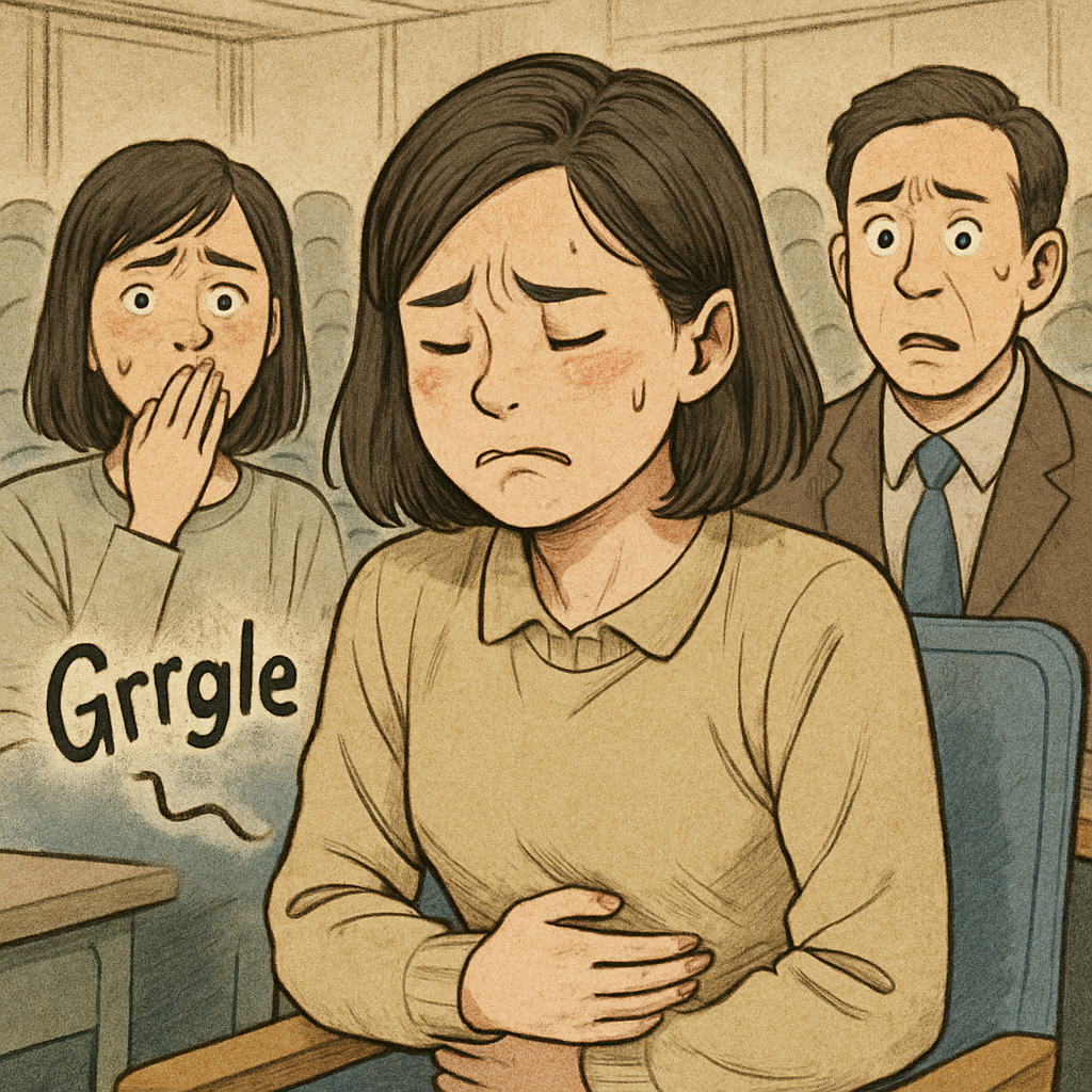 강의실 또는 단체 모임 자리에서 배에서 꼬르륵 소리가 나 당황한 여성의 모습. 주변 사람들이 놀란 표정으로 여성을 바라보고 있으며&amp;#44; 여성은 배를 부여잡고 땀을 흘리며 민망해하는 모습이다.