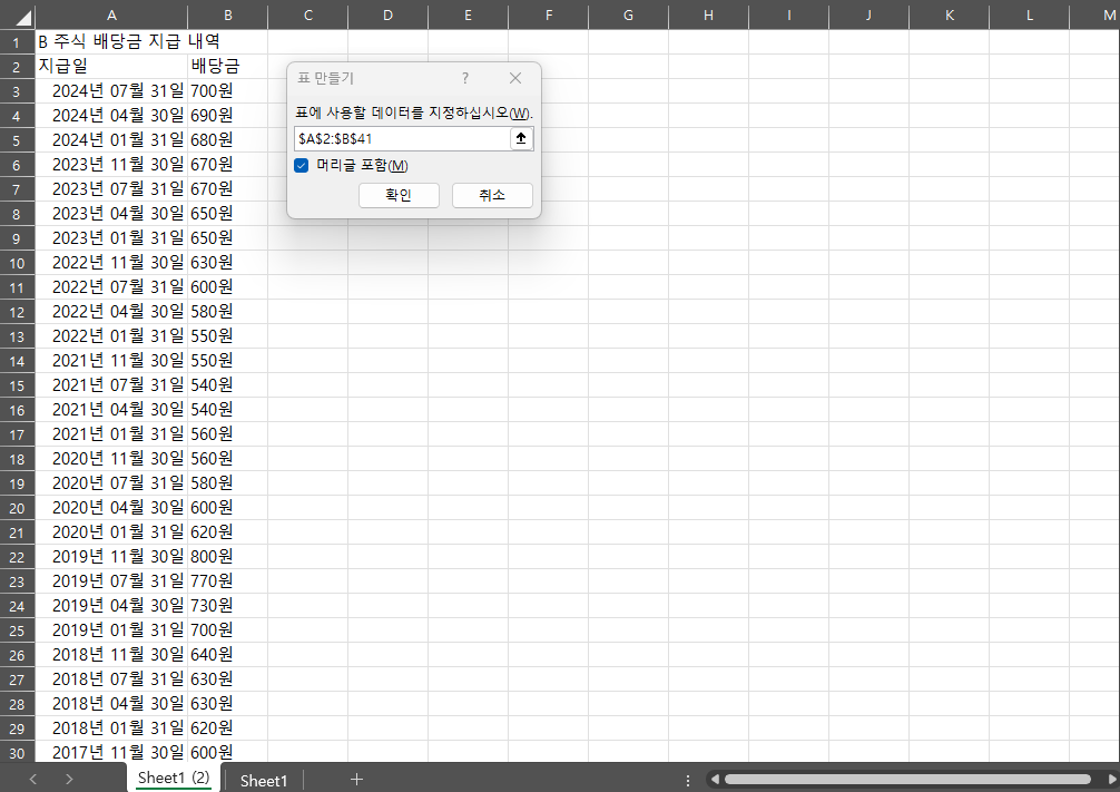 표 만들기 기능이 활성화된 엑셀 화면