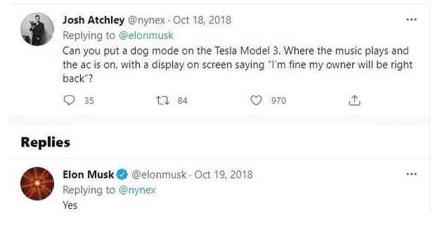 Josh Atchley가 트윗에서 Elon Musk에게 반려동물을 위한 개 모드를 만들어달라고 요청한 후 추가된 기능